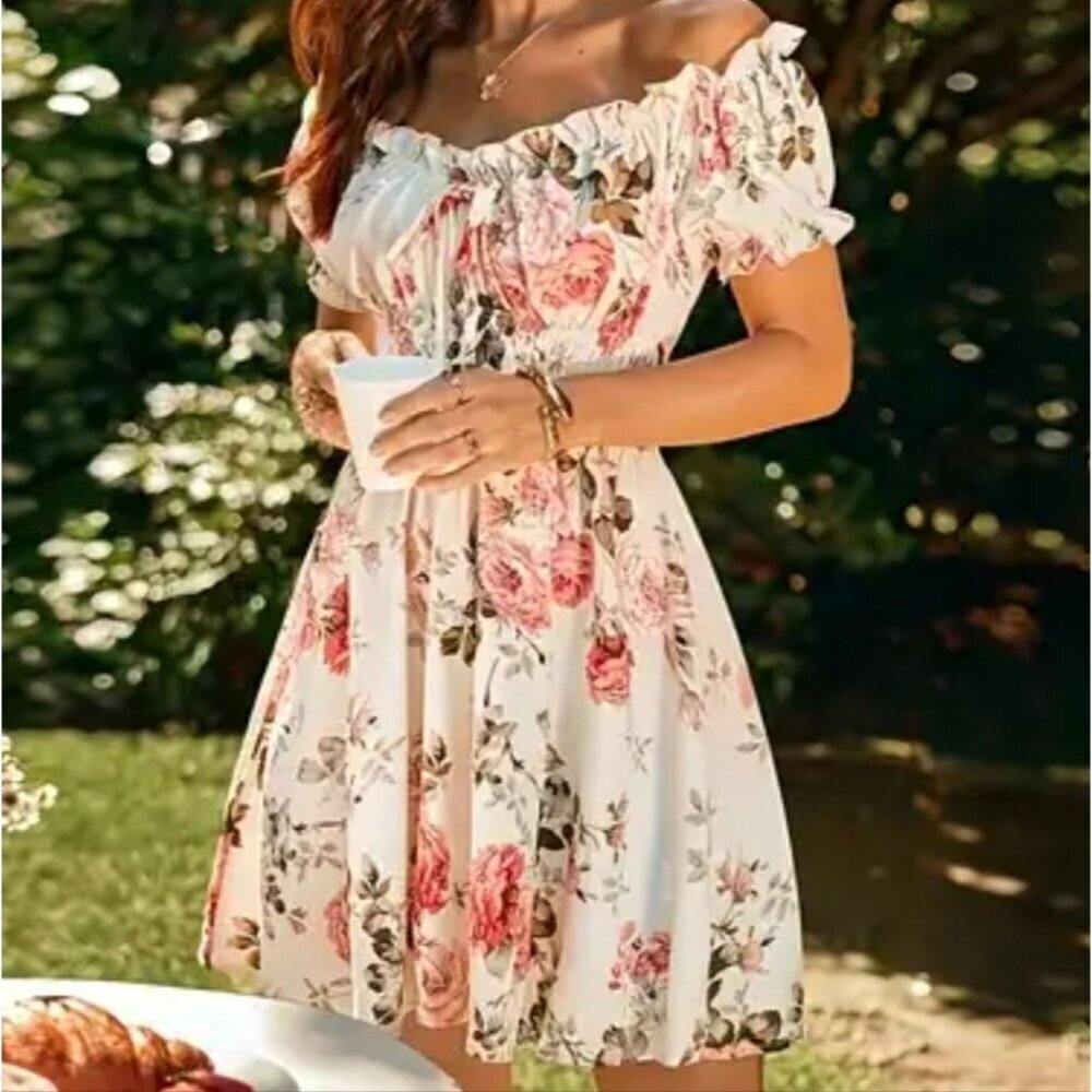 Smocked Off Shoulder Floral Puff Sleeve Elastic Waist Dress - Small BNWOT